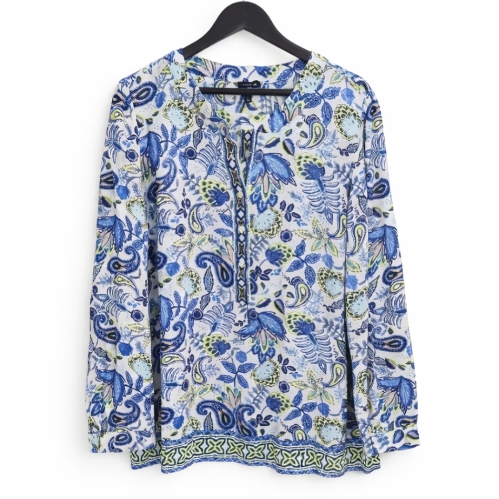 Talbots Blue Green Floral Paisley Collarless Blouse Plus Sz 2X